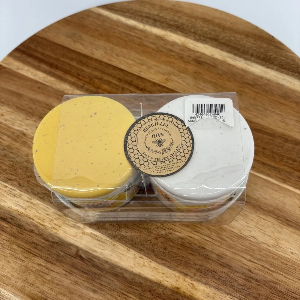 Heartland Hive Sunflower Salt & Pepper Cellars Jars Set Ceramic Metal‎ Holder